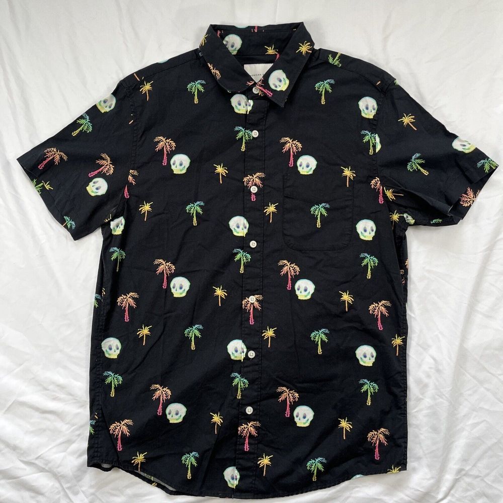 American Eagle Outfitters Men's Skull/ Palm Tree Neon Black Button Down Size M
